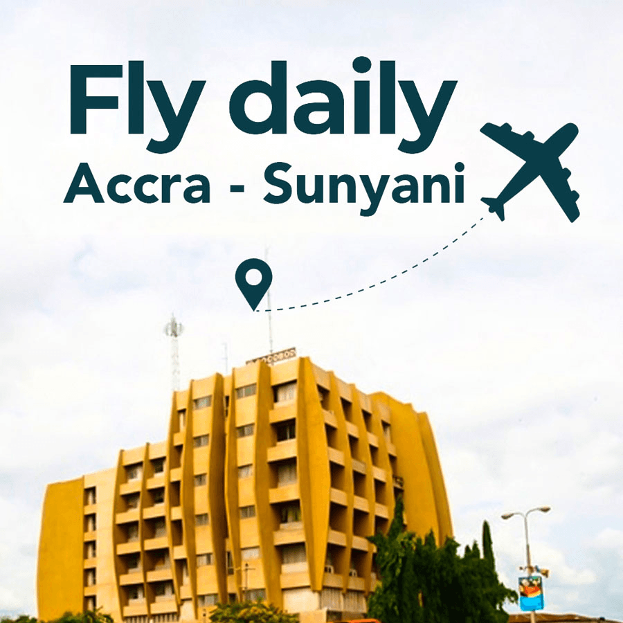 Sunyani city skyline with plane route overlay